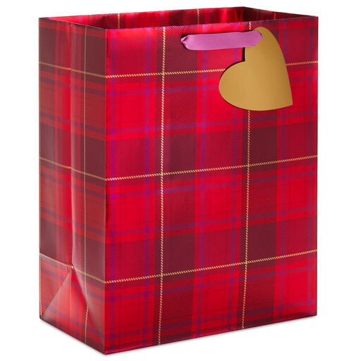 13" Metallic Red Plaid Large Valentine's Day Gift Bag, 