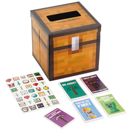 Minecraft Kids Classroom Valentines Set With Cards, Stickers and Mailbox, 